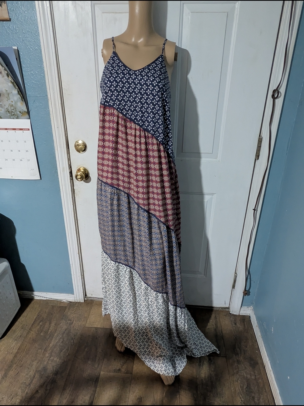 Laila Boho Tiered Maxi Dress in Navy, Burgundy & Cream